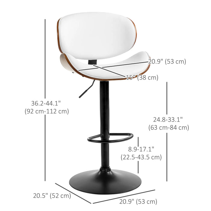 Aosom Homcom Bar Stools Set of 2, Modern Pu Leather Adjustable Swivel Barstools with Curved Back, Footrest and Steel Bas in White