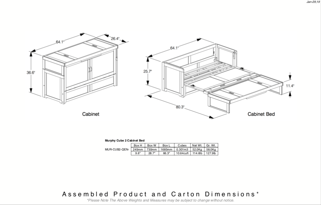 True Contemporary Murphy Cube Cabinet Bed with Queen Size Gel Memory Foam Mattress - Available in 4 Colours