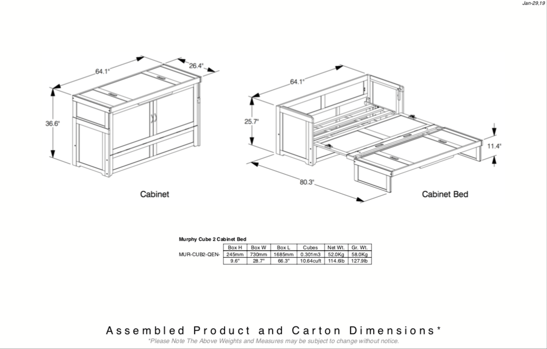 Night and Day Murphy Cube Cabinet Bed with Queen Size Gel Memory Foam Mattress - Available in 6 Colours