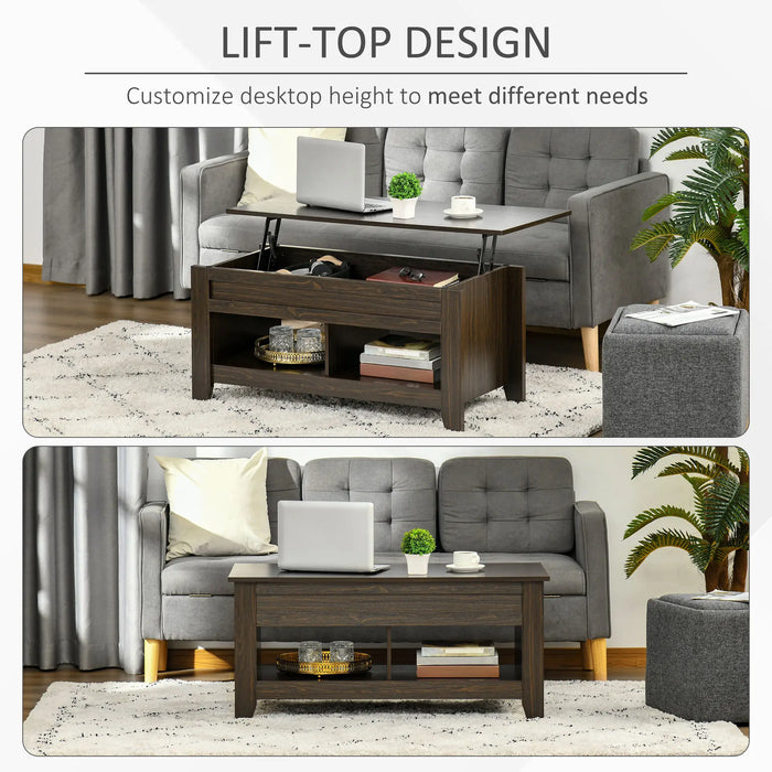 Aosom Homcom Lift Top Coffee Table with Hidden Storage Compartment and Open Shelves, Lift Tabletop Pop-Up Centre Table For Living Room,  Effec in Dark Walnut