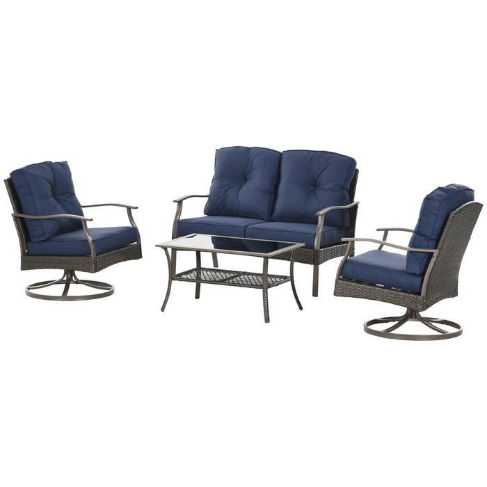 Pending - Aosom Brown Wicker, Navy Blue Fabric Outsunny 4 Pieces Patio Pe Rattan Wicker Sofa Set Outdoor Conversation Furniture W/ Two Tier Tea Table & Cushions - Available in 2 Colours