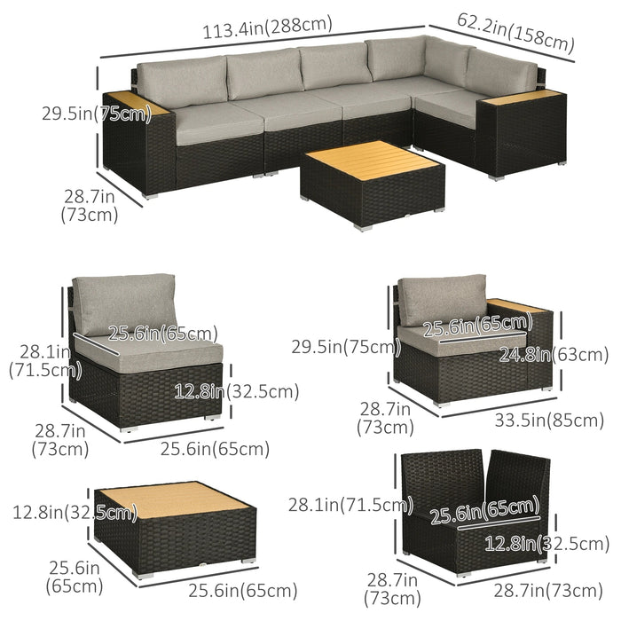 Pending - Aosom Outsunny 6 Piece Outdoor Rattan Patio Furniture Set with Corner Sofa, Wood-Plastic Coffee Table, 34"X29"X28", Brown