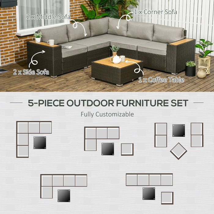 Pending - Aosom Outsunny 6 Piece Outdoor Rattan Patio Furniture Set with Corner Sofa, Wood-Plastic Coffee Table, 34"X29"X28", Brown