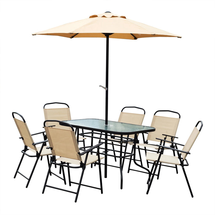 Pending - Aosom Outsunny 8Pc Patio Garden Texteline Dining Set Outdoor Bistro Furniture 6 Folding Chairs with Table and Umbrella Beige