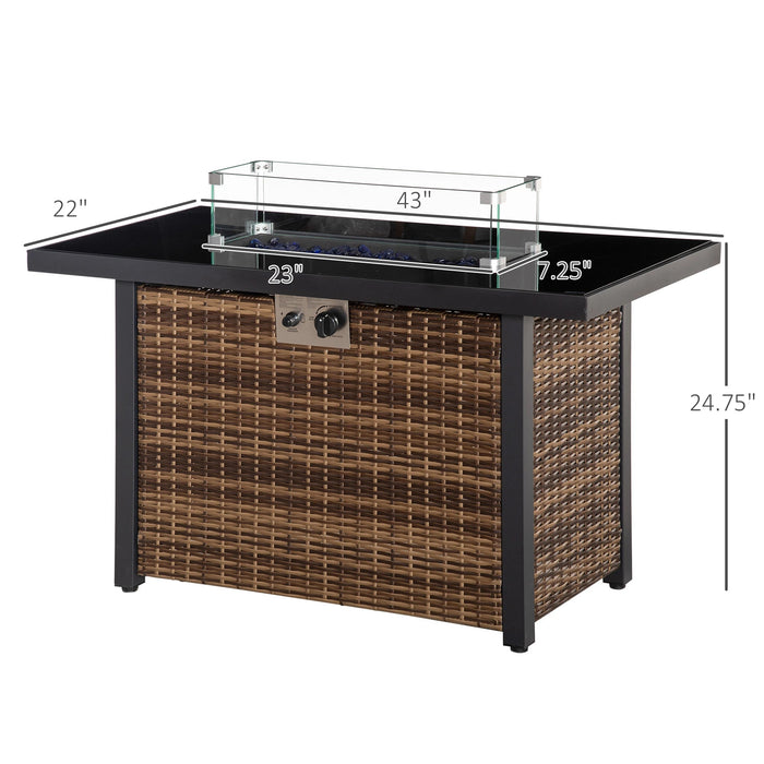 Pending - Aosom Outsunny Propane Fire Pit Table 43" Outdoor Square Fire Table, 50,000 Btu Pulse-Ignition Wicker Firepit Furniture with Glass Wind Guard, Blue Glass Rock, Csa Certification, Coffee - Available in 4 Colours