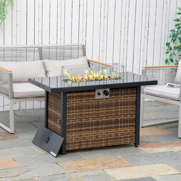 Pending - Aosom Outsunny Propane Fire Pit Table 43" Outdoor Square Fire Table, 50,000 Btu Pulse-Ignition Wicker Firepit Furniture with Glass Wind Guard, Blue Glass Rock, Csa Certification, Coffee - Available in 4 Colours