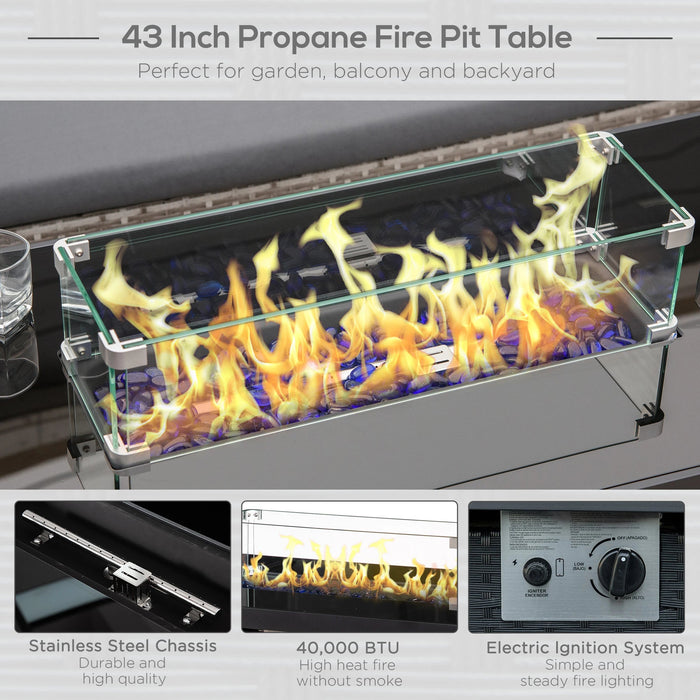 Pending - Aosom Outsunny Propane Fire Pit Table 43" Outdoor Square Fire Table, 50,000 Btu Pulse-Ignition Wicker Firepit Furniture with Glass Wind Guard, Blue Glass Rock, Csa Certification, Coffee - Available in 4 Colours