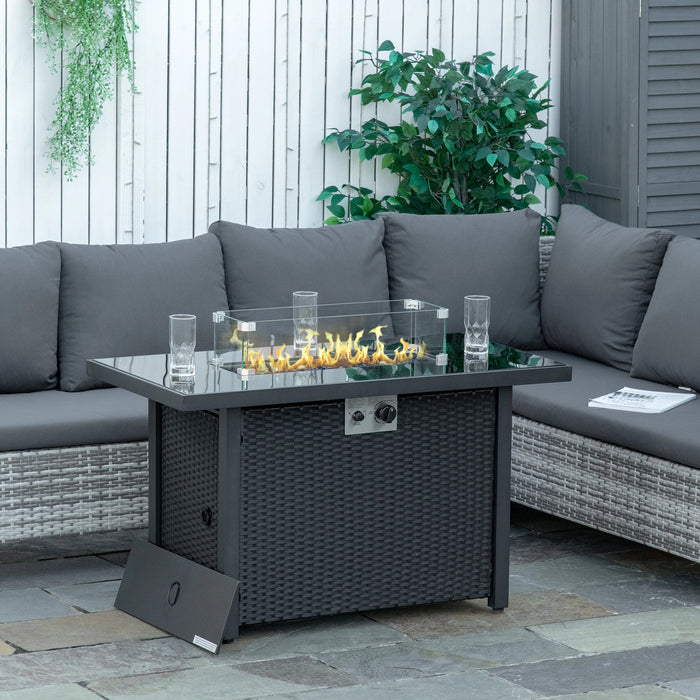 Pending - Aosom Outsunny Propane Fire Pit Table 43" Outdoor Square Fire Table, 50,000 Btu Pulse-Ignition Wicker Firepit Furniture with Glass Wind Guard, Blue Glass Rock, Csa Certification, Coffee - Available in 4 Colours