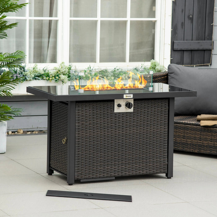 Pending - Aosom Outsunny Propane Fire Pit Table 43" Outdoor Square Fire Table, 50,000 Btu Pulse-Ignition Wicker Firepit Furniture with Glass Wind Guard, Blue Glass Rock, Csa Certification, Coffee - Available in 4 Colours