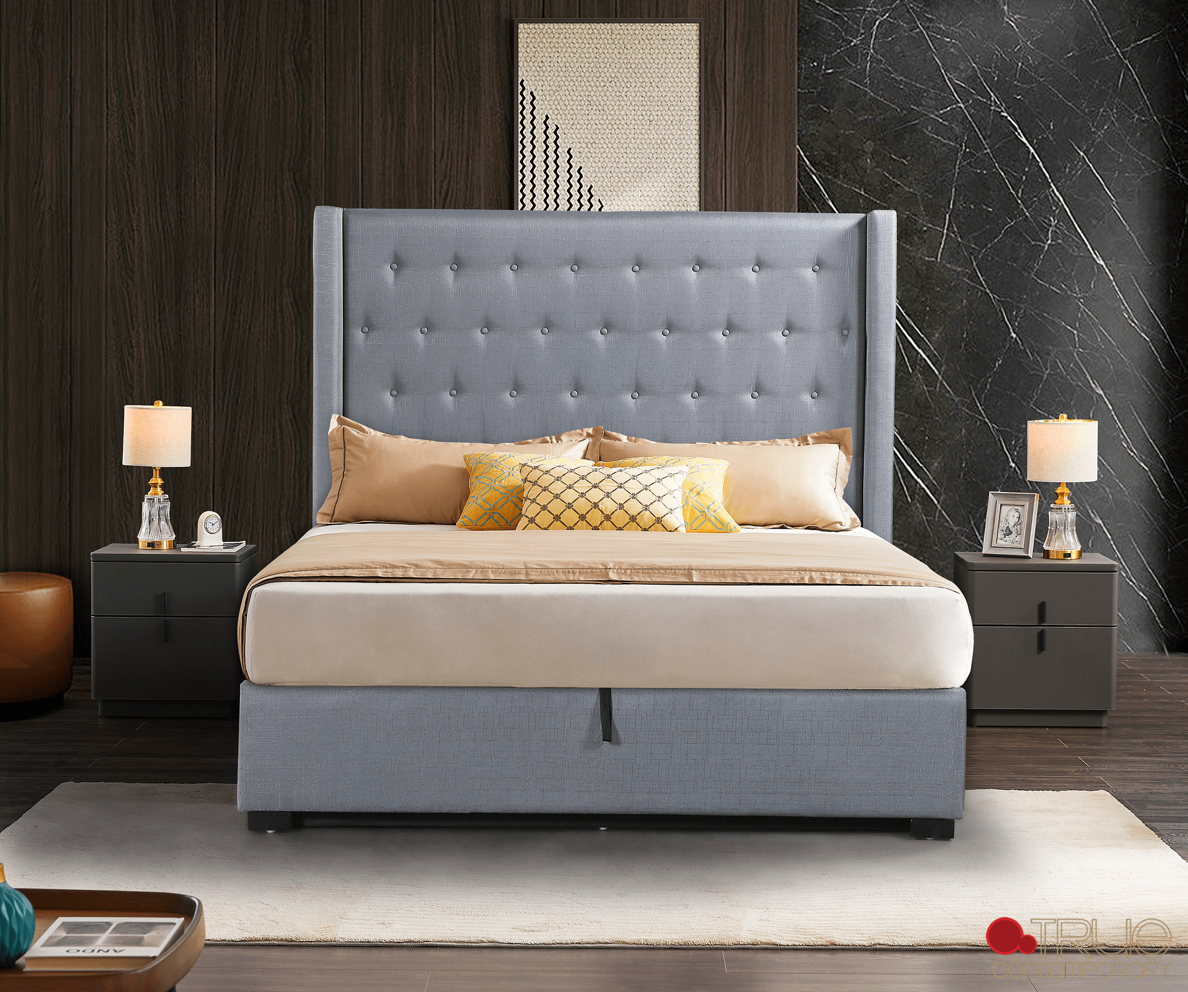 Pending - True Contemporary Saunderson Tufted Wingback Lift Up Storage Platform Bed in Grey Linen - Available in 2 Sizes