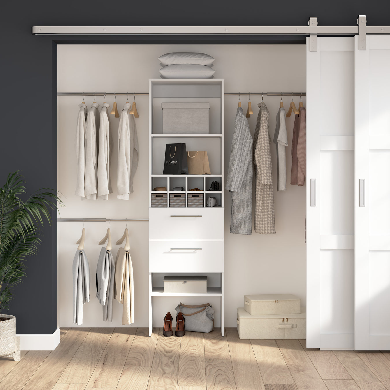 Modubox Carina Closet 24W Closet Organizer with Clothing Rods in Drawers in and Cubbies in White