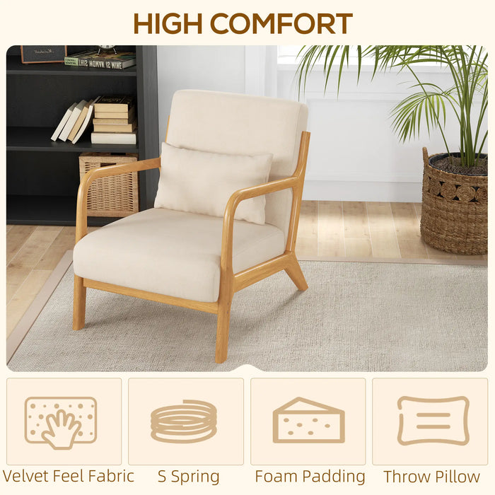 Aosom Homcom Fabric Lounge Chair, Velvet Armchair, Retro Accent Chair with Wood Legs and Thick Padding For Bedroom in Beige