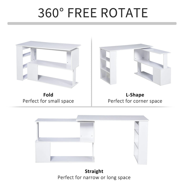 Aosom Homcom L Shaped Desk, 360° Rotating Corner Desk, Computer Writing Table Workstation with Storage Shelf For Home offic in White