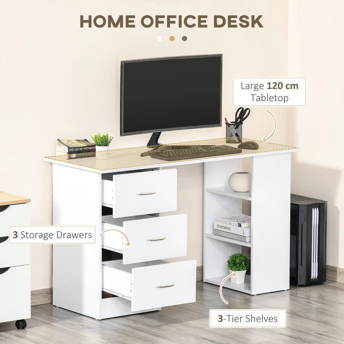 Aosom Homcom Computer Writing Desk Study Table Student Workstation W/ 3 Shelf & 3 Storage Drawers Home office Furnitur in White