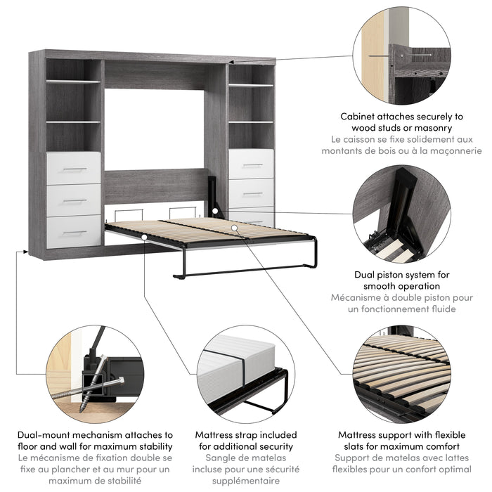 Modubox Nebula Full Murphy Bed and 2 Closet Organizers with Drawers (109W) in Bark Grey & White