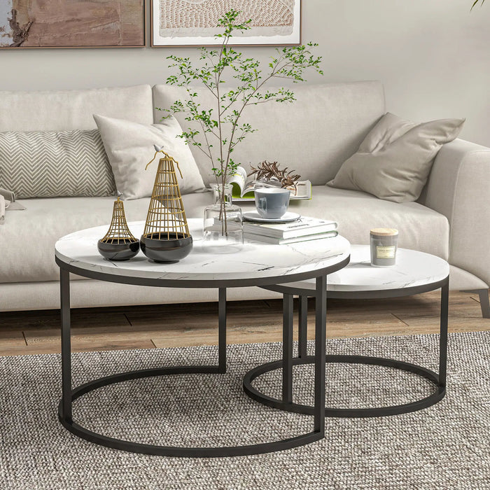 Aosom Homcom Modern Coffee Table Set of 2, Nesting Side Tables W/ Metal Base For Living Room Bedroom offic in White