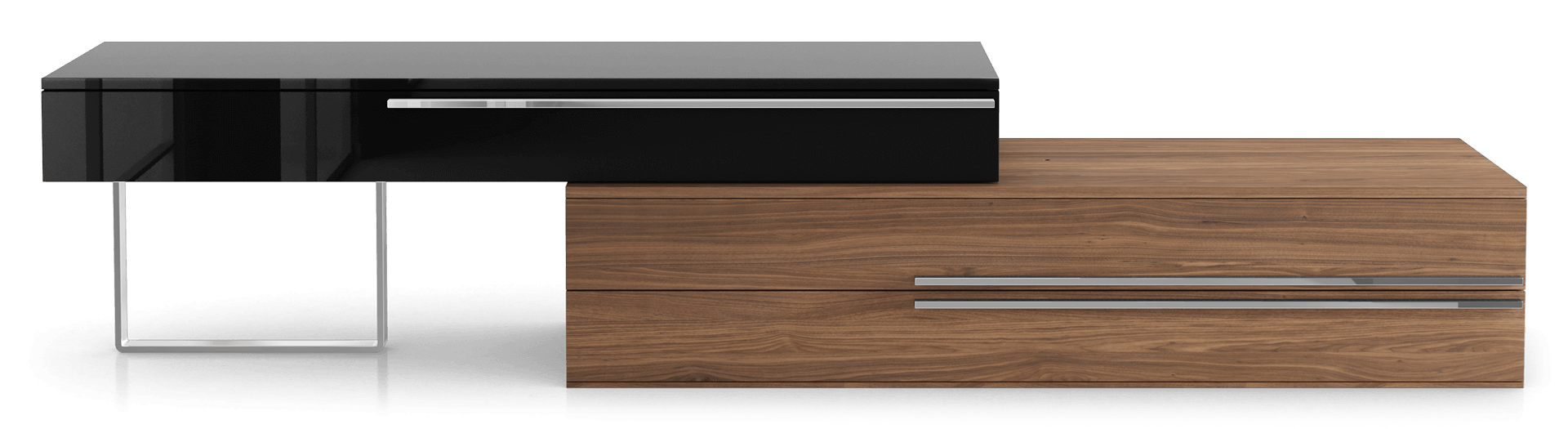 Modloft ramercy Media Console Grey O in Hutch in Glossy Black, Base in Walnut, Handles in Polished Steel