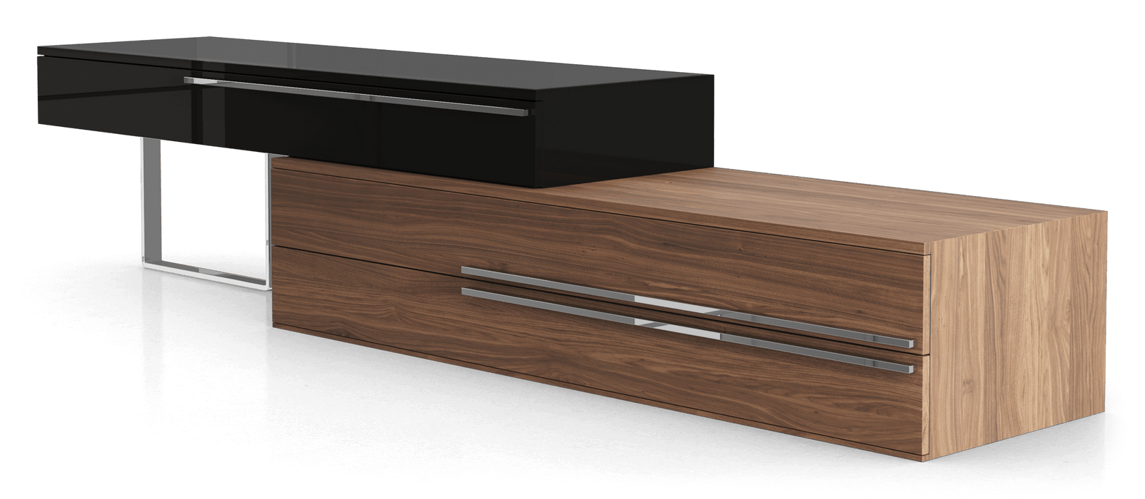 Modloft ramercy Media Console Grey O in Hutch in Glossy Black, Base in Walnut, Handles in Polished Steel