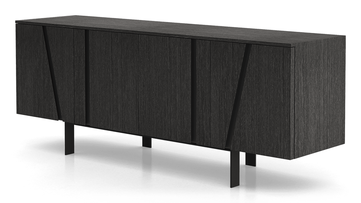 Modloft board Glossy Wh in Body in Grey Oak, Accent (Recessed Handles) in Matteee Black, Interior in Matteee Steeple Grey, Legs in Black Steel