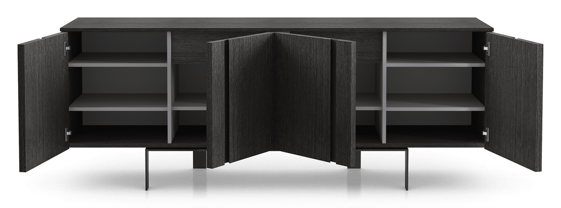 Modloft board Glossy Wh in Body in Grey Oak, Accent (Recessed Handles) in Matteee Black, Interior in Matteee Steeple Grey, Legs in Black Steel