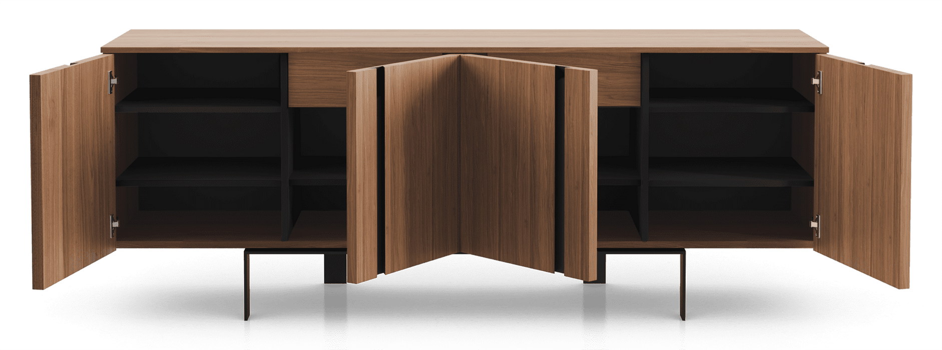 Modloft board G in Body in Walnut, Accent (Recessed Handles) in Matteee Black, Interior in Matteee Asphalt, Legs in Black Steel