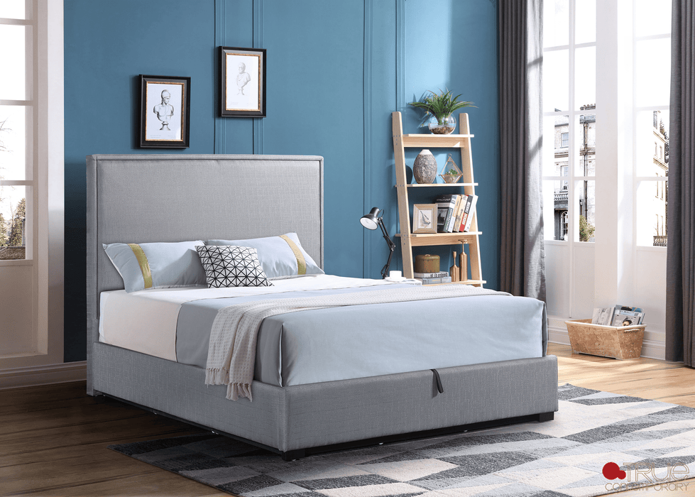 True Contemporary Bed Byron Hydraulic Lift Up Storage Platform Bed in Grey Linen - Available in 2 Sizes