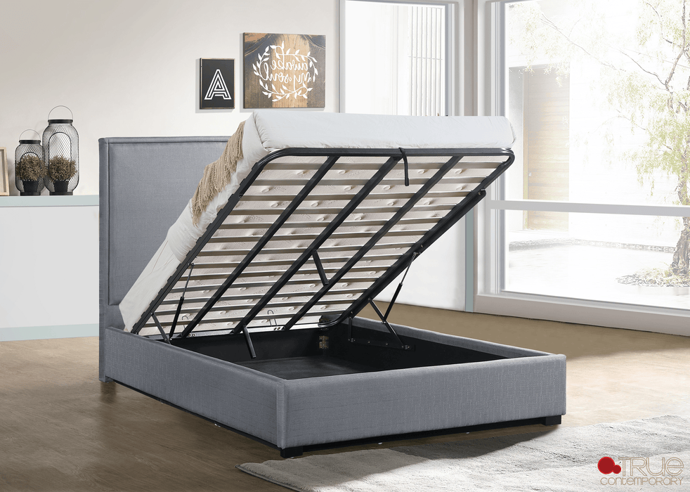 True Contemporary Bed Byron Hydraulic Lift Up Storage Platform Bed in Grey Linen - Available in 2 Sizes
