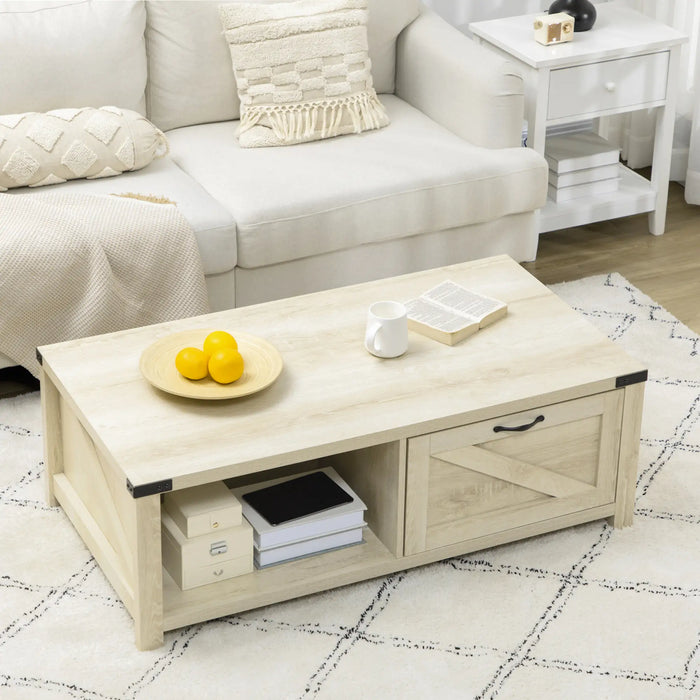 Aosom Homcom industrial Coffee Table Side End Table with Drawer, Open Storage Shelf, Modern Farmhouse Furniture, For Living Room, Dining Room, offic in White Oak