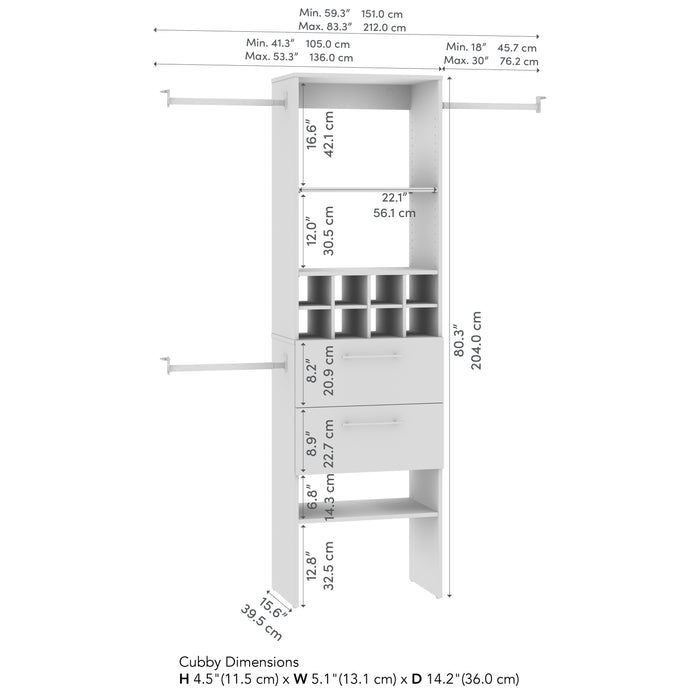 Modubox Carina Closet 24W Closet Organizer with Clothing Rods in Drawers in and Cubbies in White