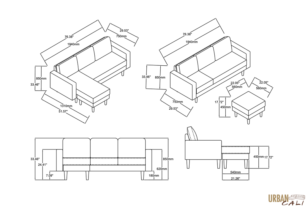 Hillsborough 76" Wide Boucle Sectional Sofa with Reversible Chaise - Available in 3 Colours