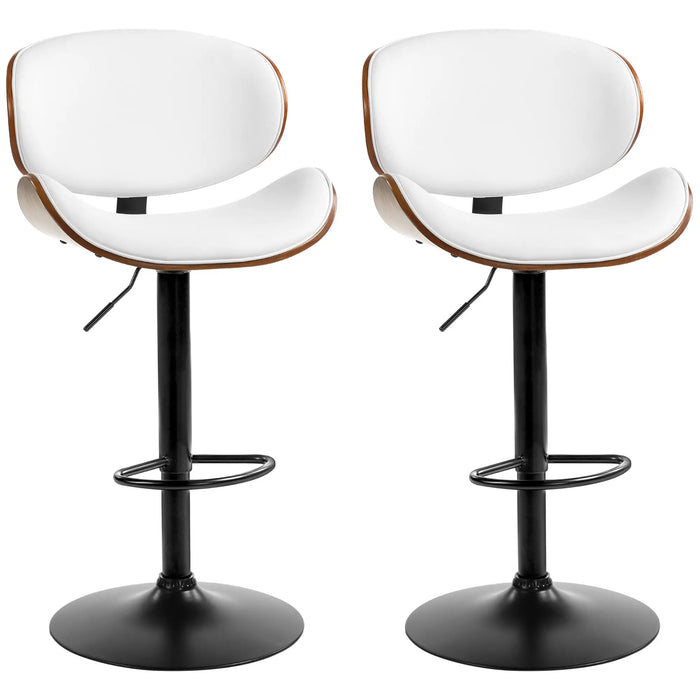 Aosom Homcom Bar Stools Set of 2, Modern Pu Leather Adjustable Swivel Barstools with Curved Back, Footrest and Steel Bas in White