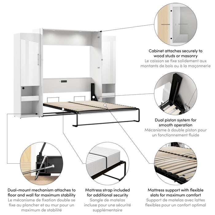 Modubox Avalon High Gloss Queen Murphy Bed and Storage Cabinets with Pull-Out Shelf (107W) in High Gloss White