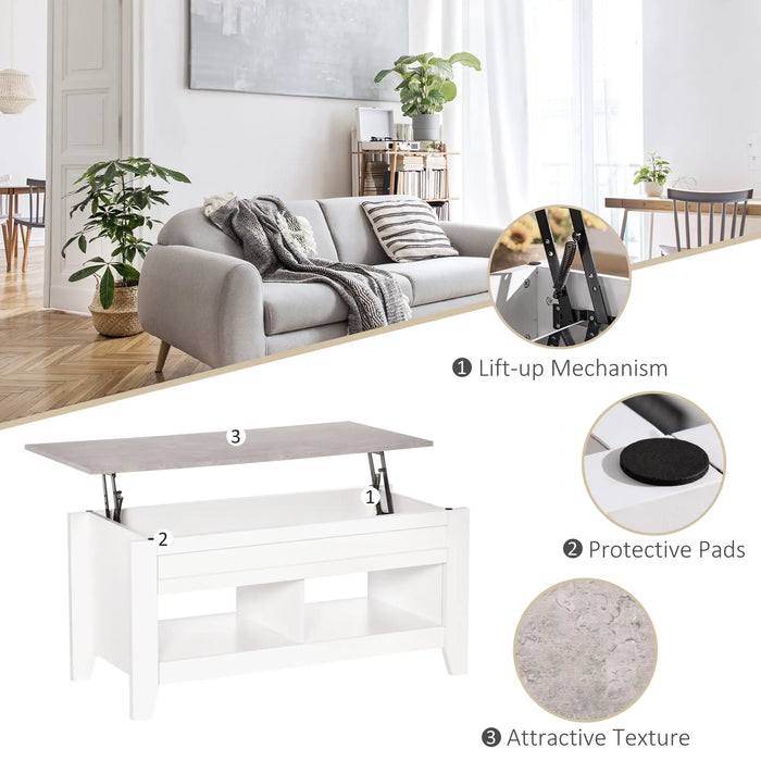 Aosom Homcom Lift Top Coffee Table with Hidden Storage Compartment and Open Shelves, Lift Tabletop Pop-Up Centre Table For Living Room,  Effec in White