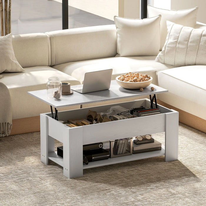 Aosom Homcom Lift Top Coffee Table with Hidden Storage Compartment and Open Shelf, Centre Table For Living Room in White