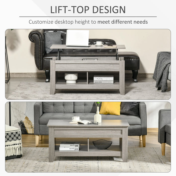 Aosom Homcom Lift Top Coffee Table with Hidden Storage Compartment and Open Shelves, Lift Tabletop Pop-Up Centre Table For Living Room,  Effec in Light Grey