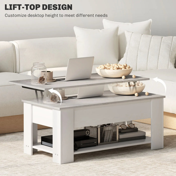 Aosom Homcom Lift Top Coffee Table with Hidden Storage Compartment and Open Shelf, Centre Table For Living Room in White