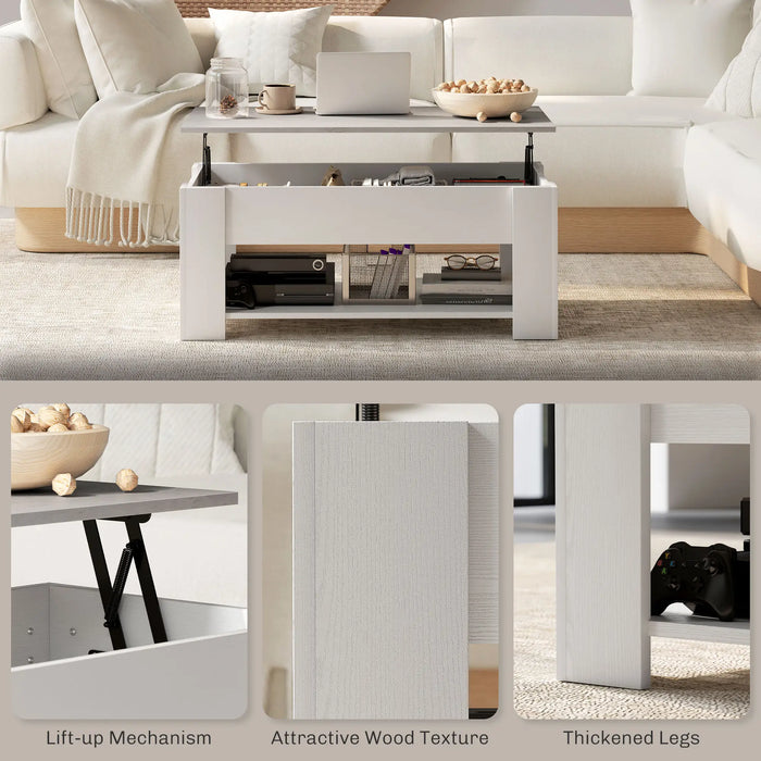 Aosom Homcom Lift Top Coffee Table with Hidden Storage Compartment and Open Shelf, Centre Table For Living Room in White