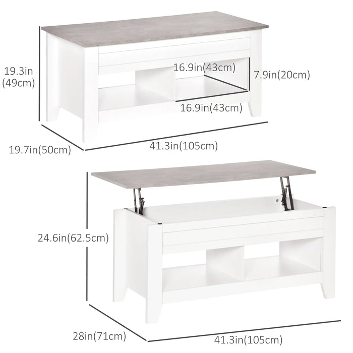 Aosom Homcom Lift Top Coffee Table with Hidden Storage Compartment and Open Shelves, Lift Tabletop Pop-Up Centre Table For Living Room,  Effec in White