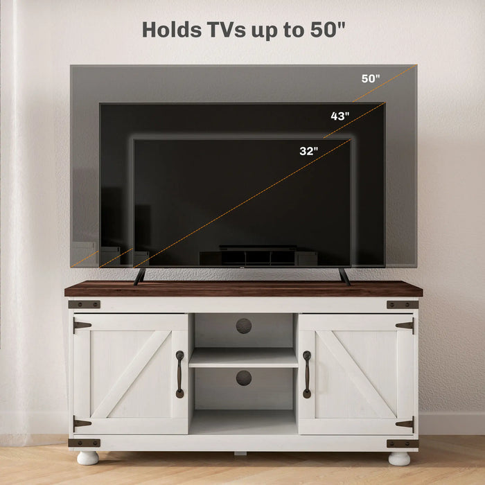 Aosom Homcom Farmhouse Tv Stand For Up To 50" Tv, Tv Cabinet with Barn Doors, Cable Management For Living Room, Distressed White