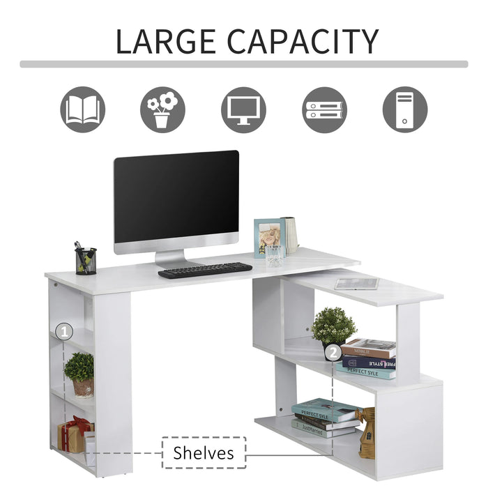 Aosom Homcom L Shaped Desk, 360° Rotating Corner Desk, Computer Writing Table Workstation with Storage Shelf For Home offic in White