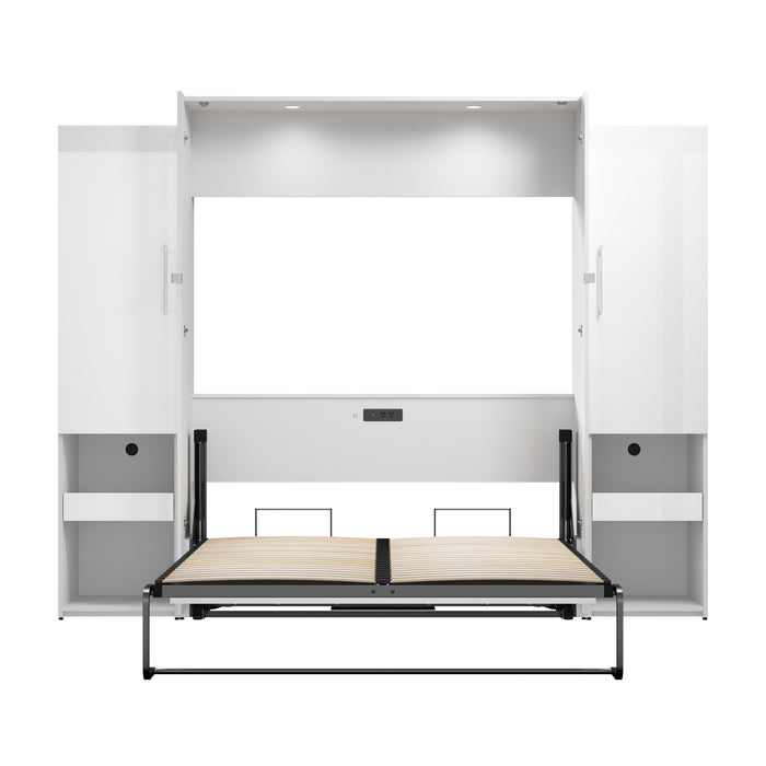 Modubox Avalon High Gloss Queen Murphy Bed and Storage Cabinets with Pull-Out Shelf (107W) in High Gloss White