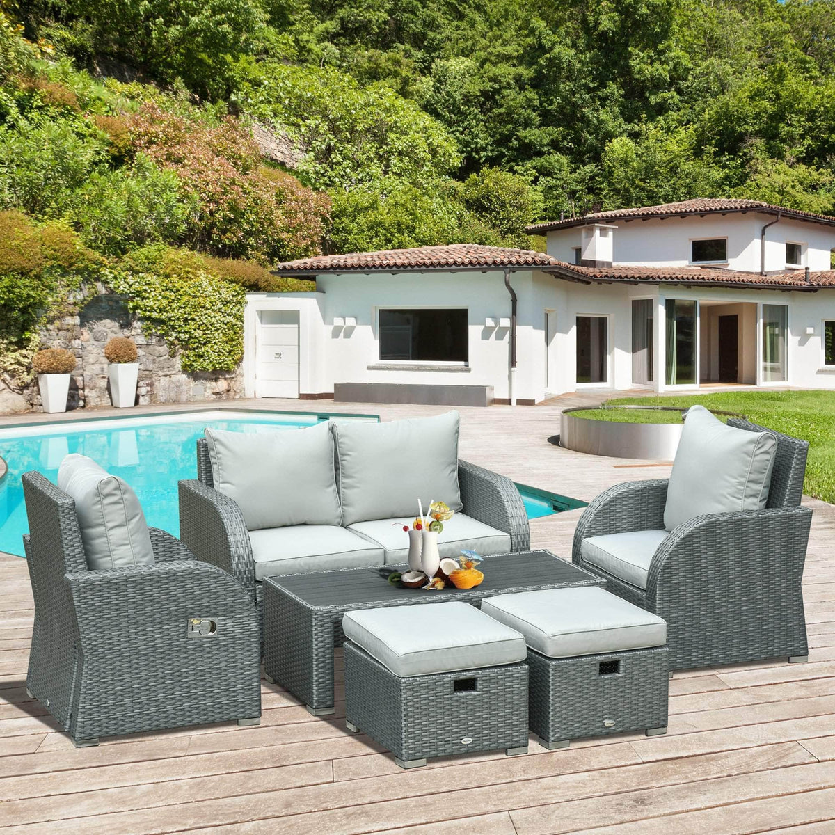 6 Piece Outdoor Patio Rattan Wicker Conversation Set with Reclining Chairs  in Grey