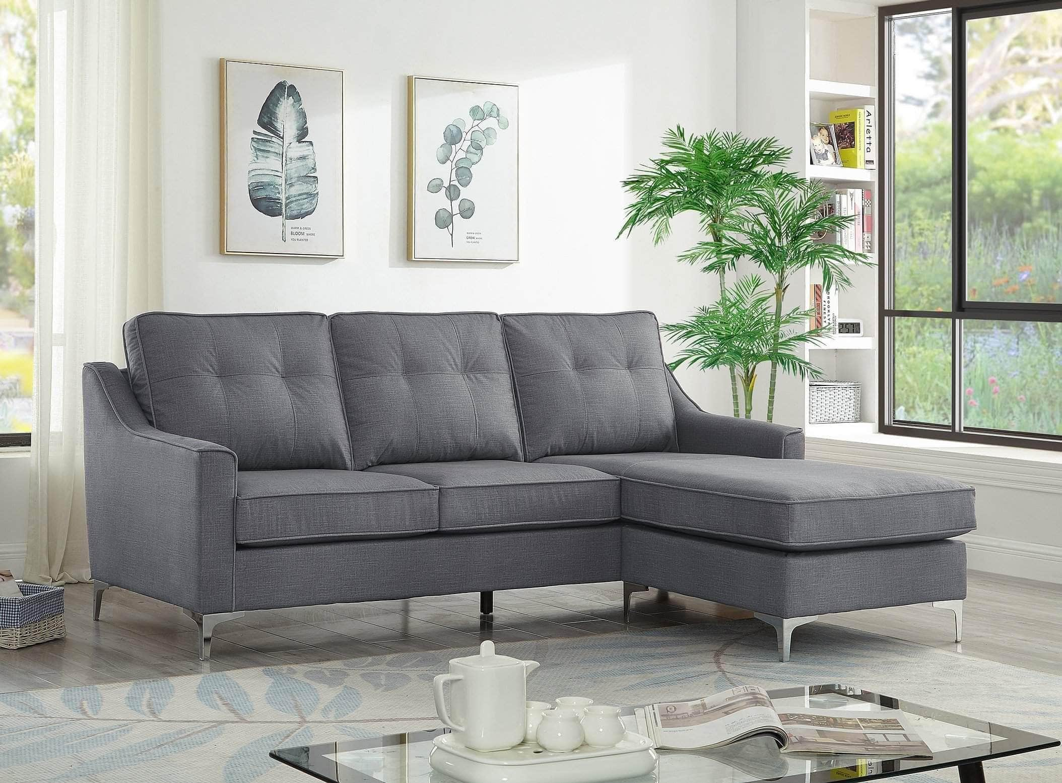 True Contemporary Colwood Grey Tufted Fabric Reversible Sectional Sofa ...