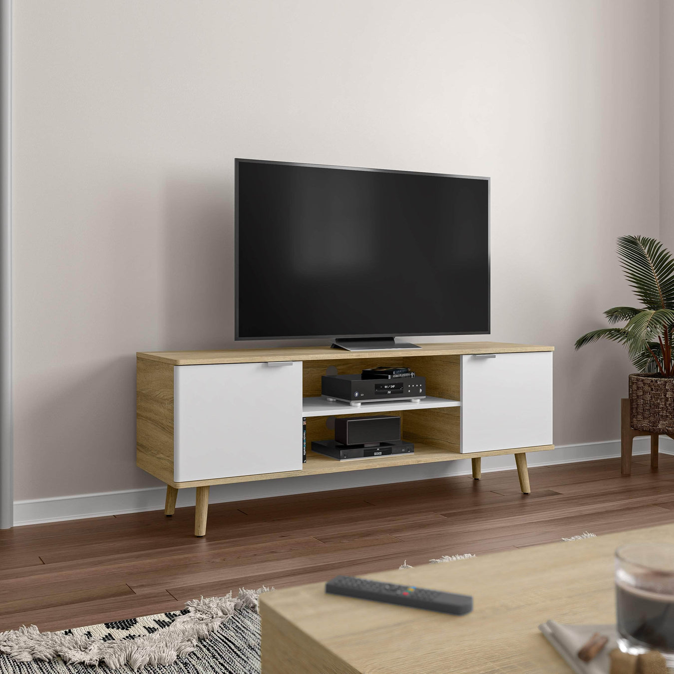 Modubox TV Stand Procyon 56W TV Stand for 55 Inch TV in Modern Oak & White UV