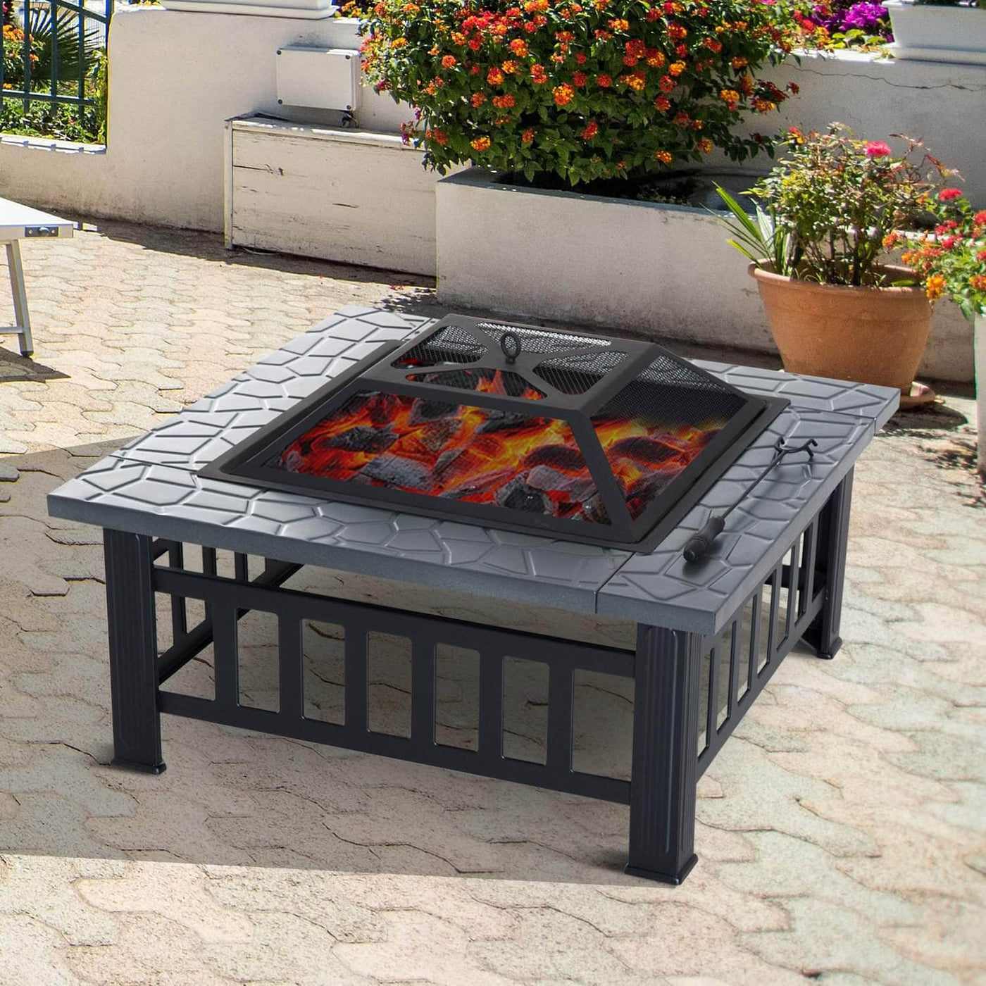 Outsunny 32 Inch Wood Burning Square Steel Outdoor Fire Fit in Black ...