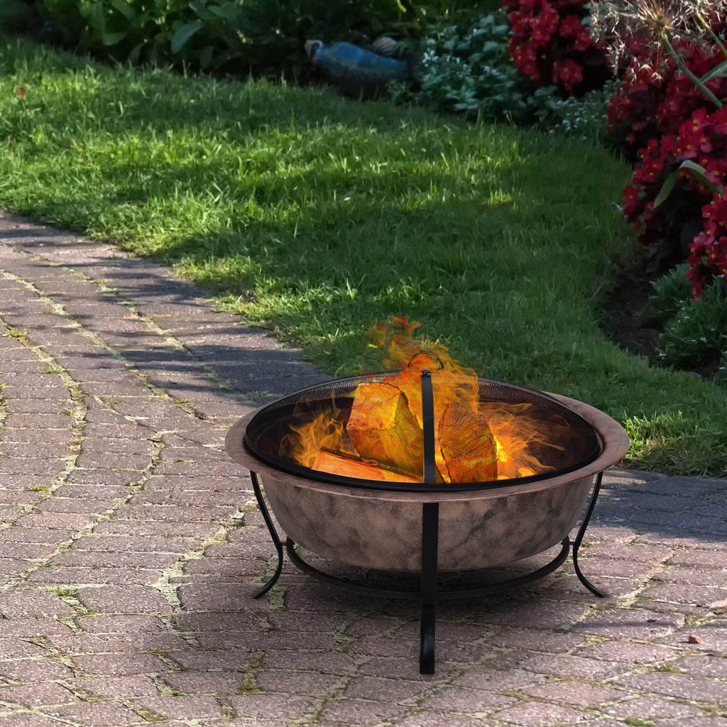 35 Inch Portable Wood Burning Round Steel Outdoor Fire Pit with Copper  Basin and Black Frame
